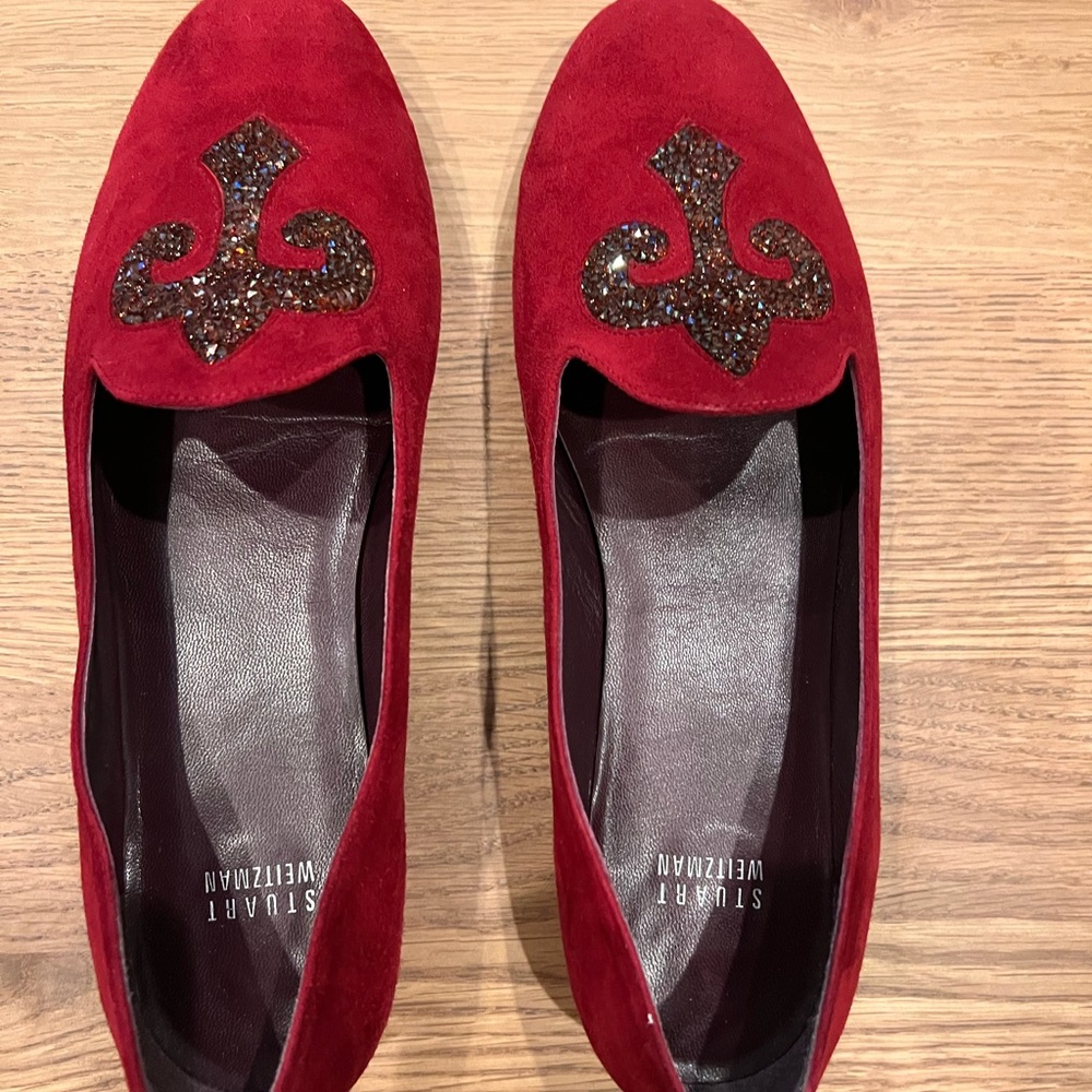 Stuart Weitzman Red Suede Jeweled Slip-On Flats